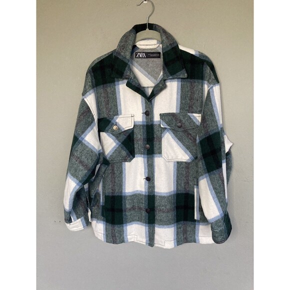 ZARA Oversize Plaid Shacket Wool Blend Jacket Women M Green White Flannel Layer - Picture 4 of 16